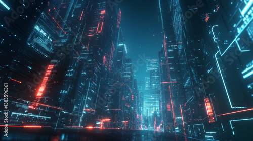 Smart city and big data connection technology concept with digital blue wavy wires with antennas on night megapolis city skyline background, double exposure