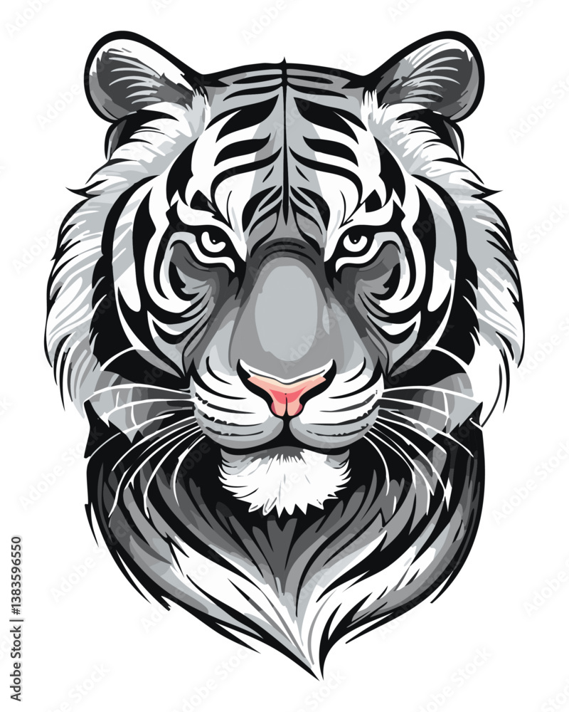 Fototapeta premium Realistic tiger with sketch effect – soft strokes, fur details, black and white illustration, tattoo.