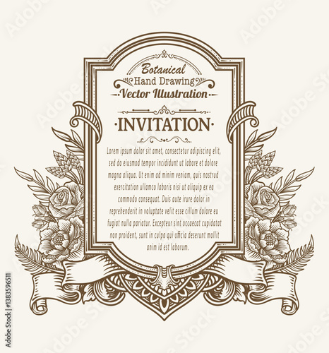 Vintage Botanical Vector Invitation Design with Floral Frame and Ribbon Ornament