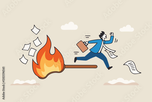 Toxic productivity, panic or burnout employee, overworked to finish work within timeline, hurry to complete multitasking or urgent work schedule concept, productive businessman on burning matchstick.