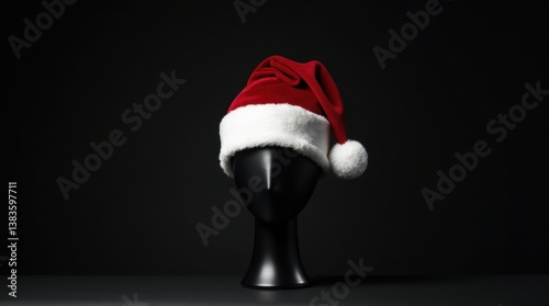 A stylish black-and-white Santa hat on a sleek mannequin head, set against a dark background with dramatic lighting, creating a modern and sophisticated holiday look