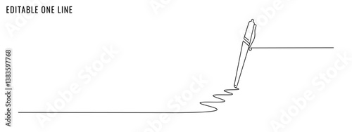 One continuous line drawing of pen. Education, office work concept. Editable stroke, vector illustration