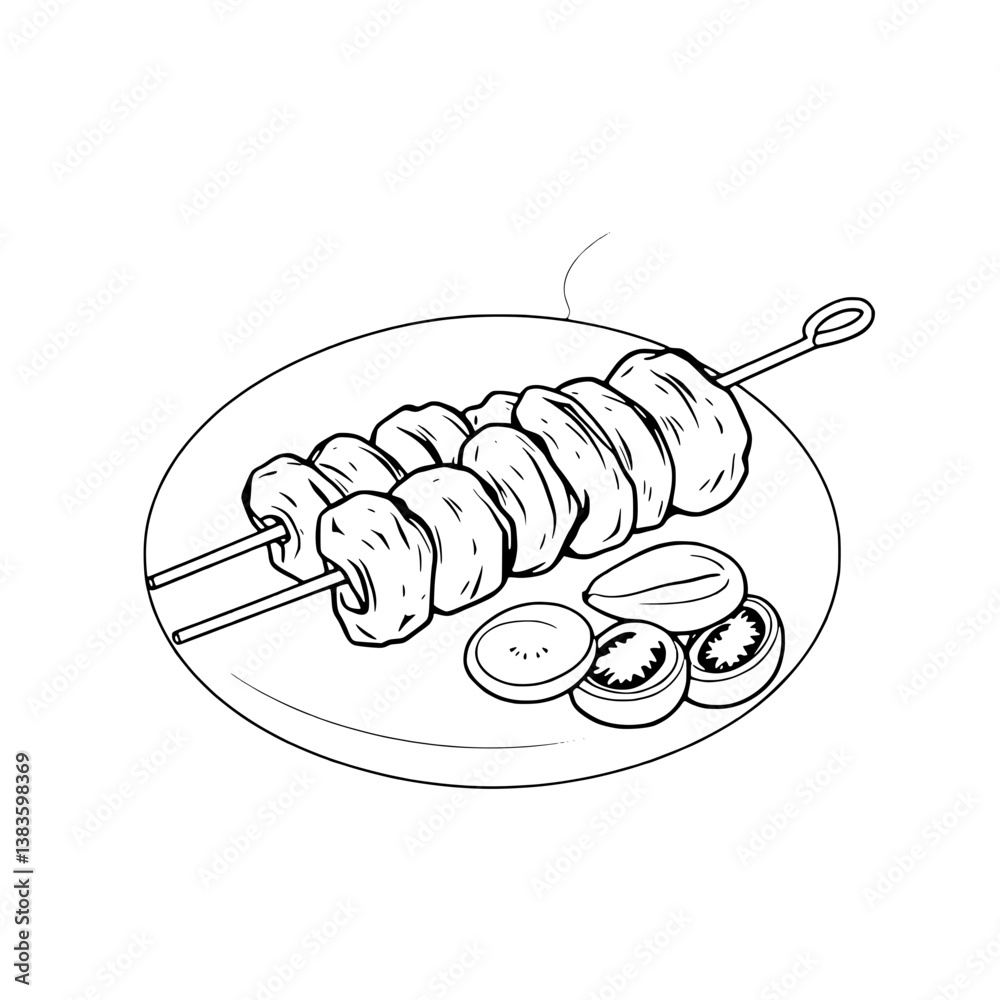 Grilled Meat Skewers with Sliced Tomatoes on Plate Grilled Meat Skewers with Sliced Tomatoes on Plate