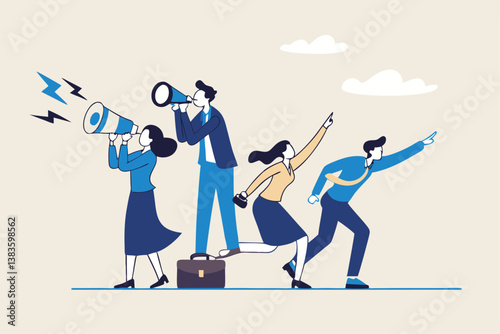 Recruitment, human resources searching for candidate, hiring or finding staff for vacancy, marketing search for client or customer concept, business people searching with binoculars and megaphone.