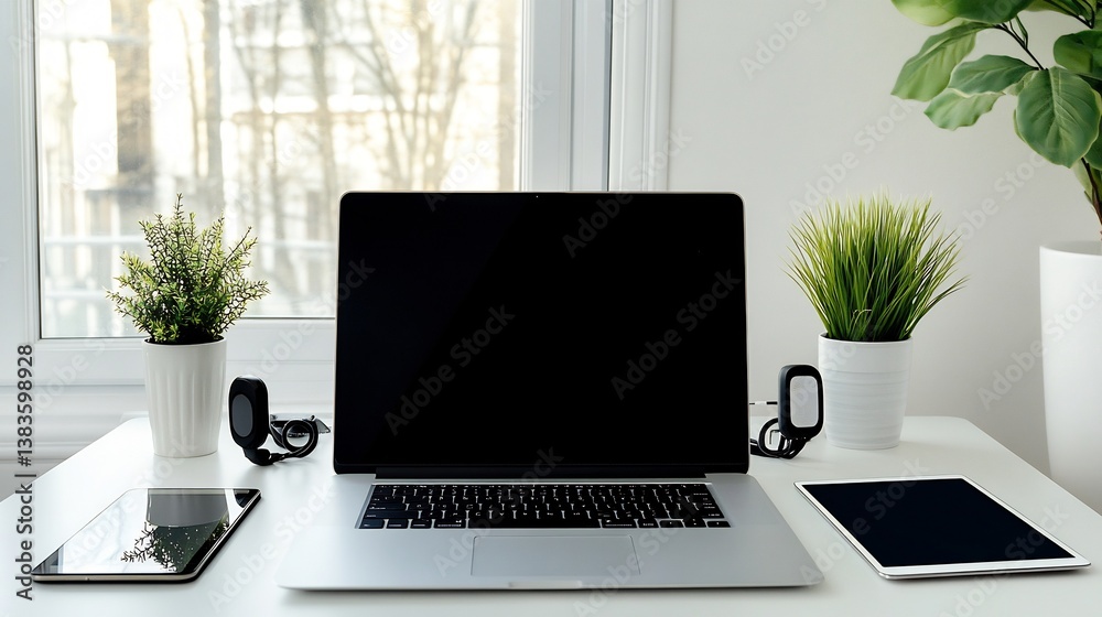 Fototapeta premium Clean workspace with laptop, tablets and plants for remote work setup
