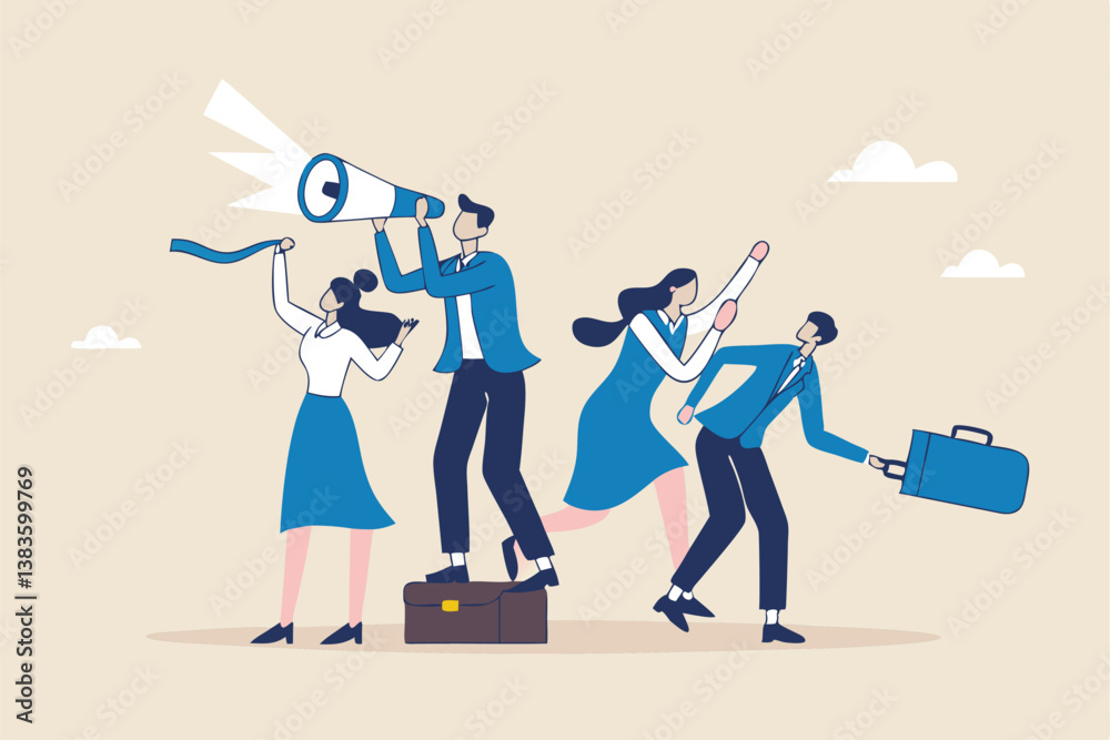 Obraz premium Recruitment, human resources searching for candidate, hiring or finding staff for vacancy, marketing search for client or customer concept, business people searching with binoculars and megaphone.