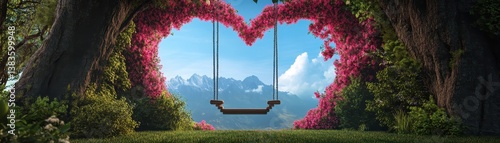 A romantic swing nestled in a heart-shaped flower arch.