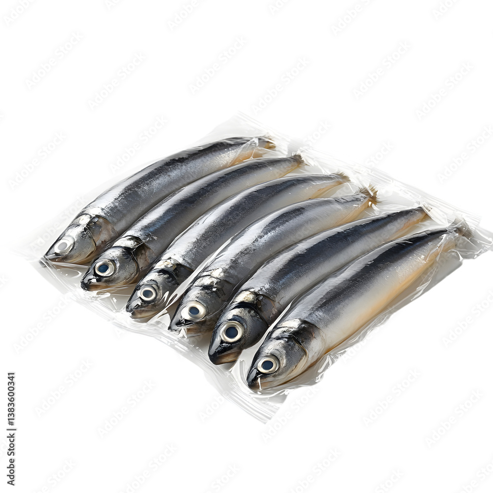 Small whole silver fish vacuum-sealed in clear plastic packaging ideal for fresh seafood preservation Small whole silver fish vacuum-sealed in clear plastic packaging ideal for fresh seafood preservation