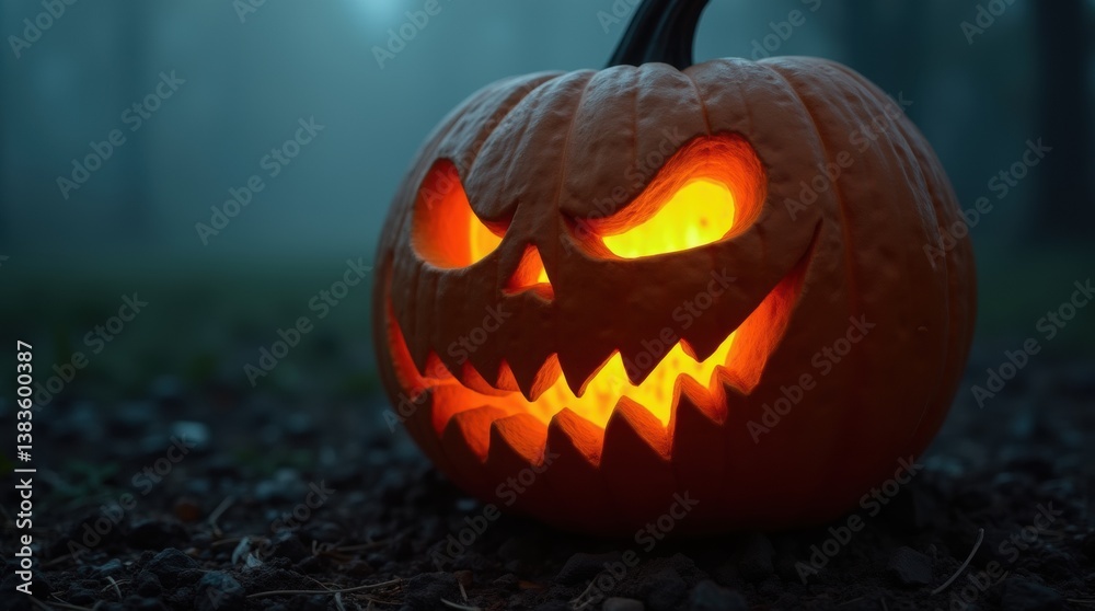 Fototapeta premium Close-up of a sinister jack-o'-lantern with sharp, menacing eyes and a jagged grin, glowing from within against a dark foggy background, eerie Halloween atmosphere