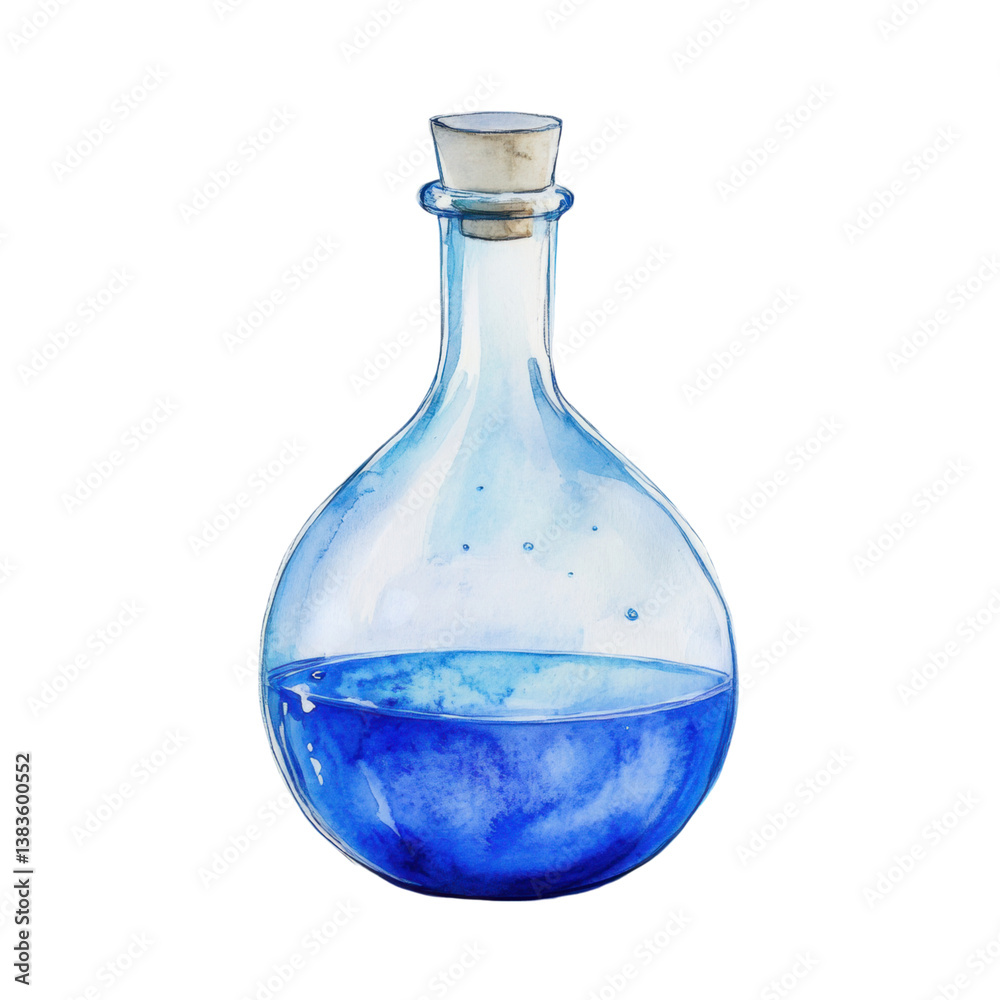 Blue laboratory glass flask with cork stopper and liquid inside Blue laboratory glass flask with cork stopper and liquid inside