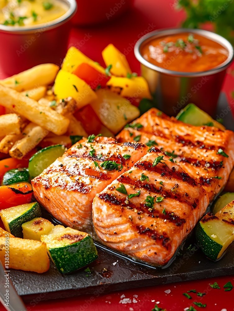 Grilled Salmon with Veggies & Fries Grilled Salmon with Veggies & Fries