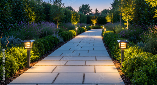 Illuminated Stone Pathway in a Serene Garden at Dusk or Twilight