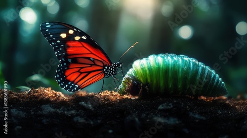 A vibrant butterfly emerges from a cocoon in a serene forest.
