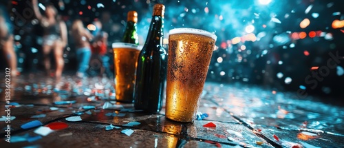 A vibrant celebration with beer bottles and glasses on the floor.