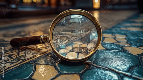 Antique magnifying glass on ornate tiled floor, historical investigation