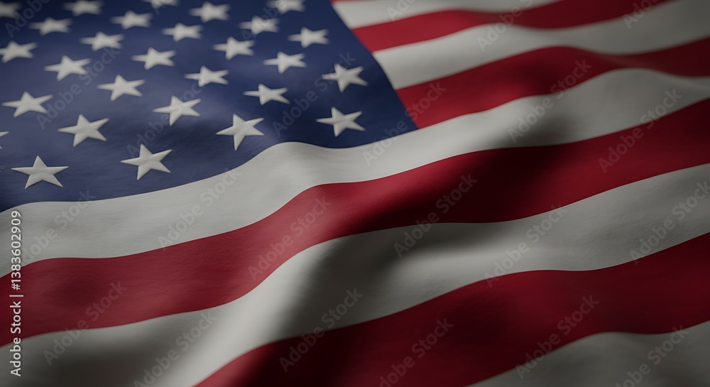 Obraz premium A majestic American flag billowing in the wind, a powerful symbol of freedom and patriotism, with deep red and white stripes and vibrant blue stars.