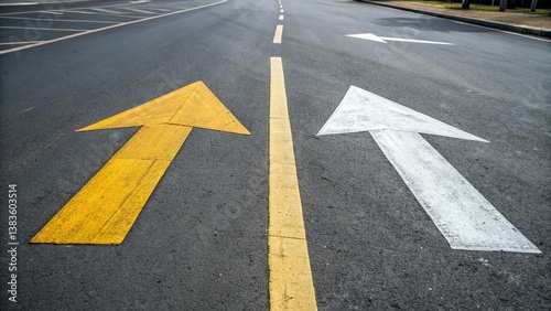 Wallpaper Mural Different thinking and business and technology disruption concept yellow big arrow opposite direction with white arrow on road asphalt Torontodigital.ca