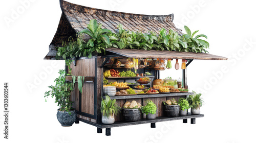 A vibrant market stall showcasing fresh fruits and vegetables surrounded by lush greenery.