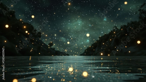 Celestial Reflections: A Mysterious Lake Under the Dazzling Night Sky photo