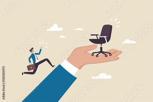 Employment opportunity, career path or motivation on job promotion position, ambition to reach career achievement, candidate to find new job concept, businessman run up big hand to new office chair.