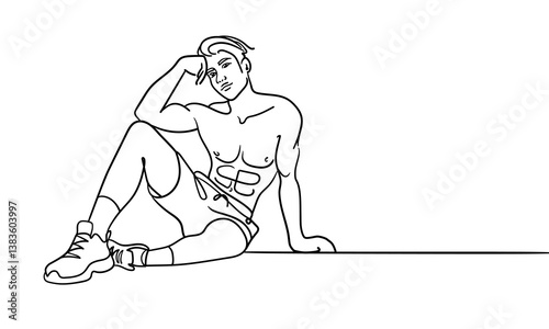 Sport man narcissist, admires himself on white background. Sport guy model line art drawing. Vector illustration