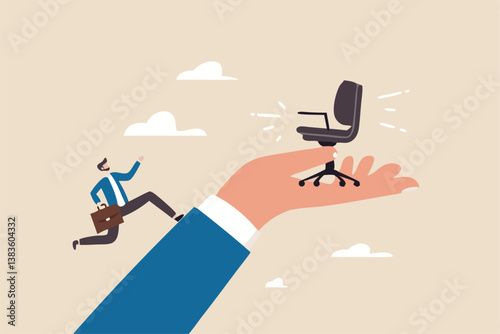 Employment opportunity, career path or motivation on job promotion position, ambition to reach career achievement, candidate to find new job concept, businessman run up big hand to new office chair.
