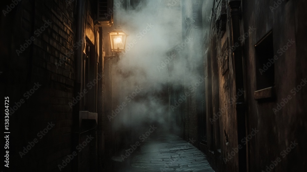 Foggy alleyway, old city, mysterious atmosphere, nighttime scene, film noir setting Foggy alleyway, old city, mysterious atmosphere, nighttime scene, film noir setting