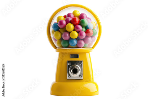 Bright yellow gumball machine filled with colorful candies stands out in a playful setting