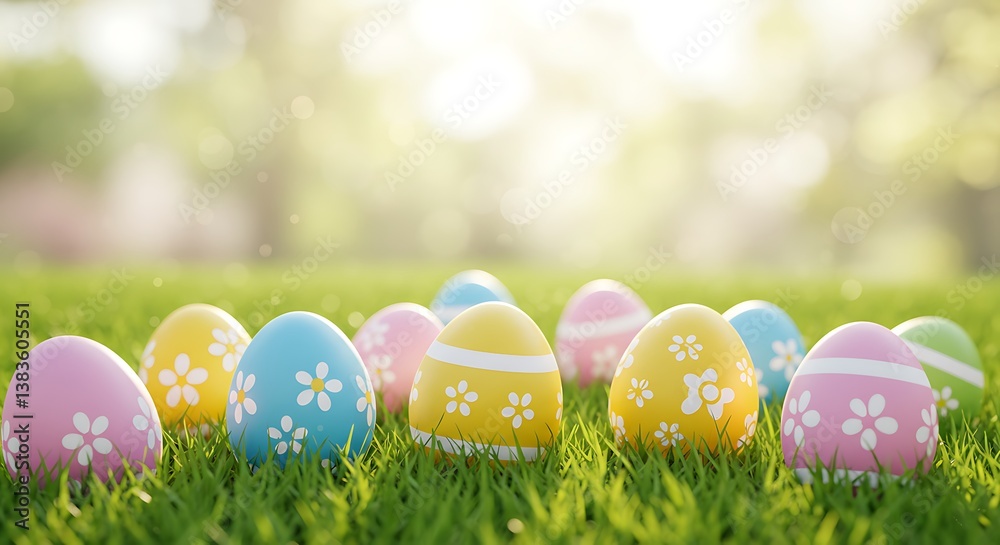 Fototapeta premium Pastel Easter eggs nestled in vibrant green grass, a springtime celebration of new life and hope, bathed in soft sunlight.
