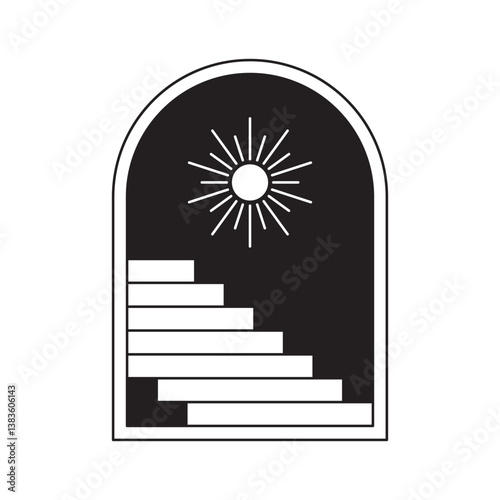 Minimal surreal door. Abstract geometric arch frame with stairs and steps, modern boho esoteric elements, door portal infinity universe concept. Vector illustration