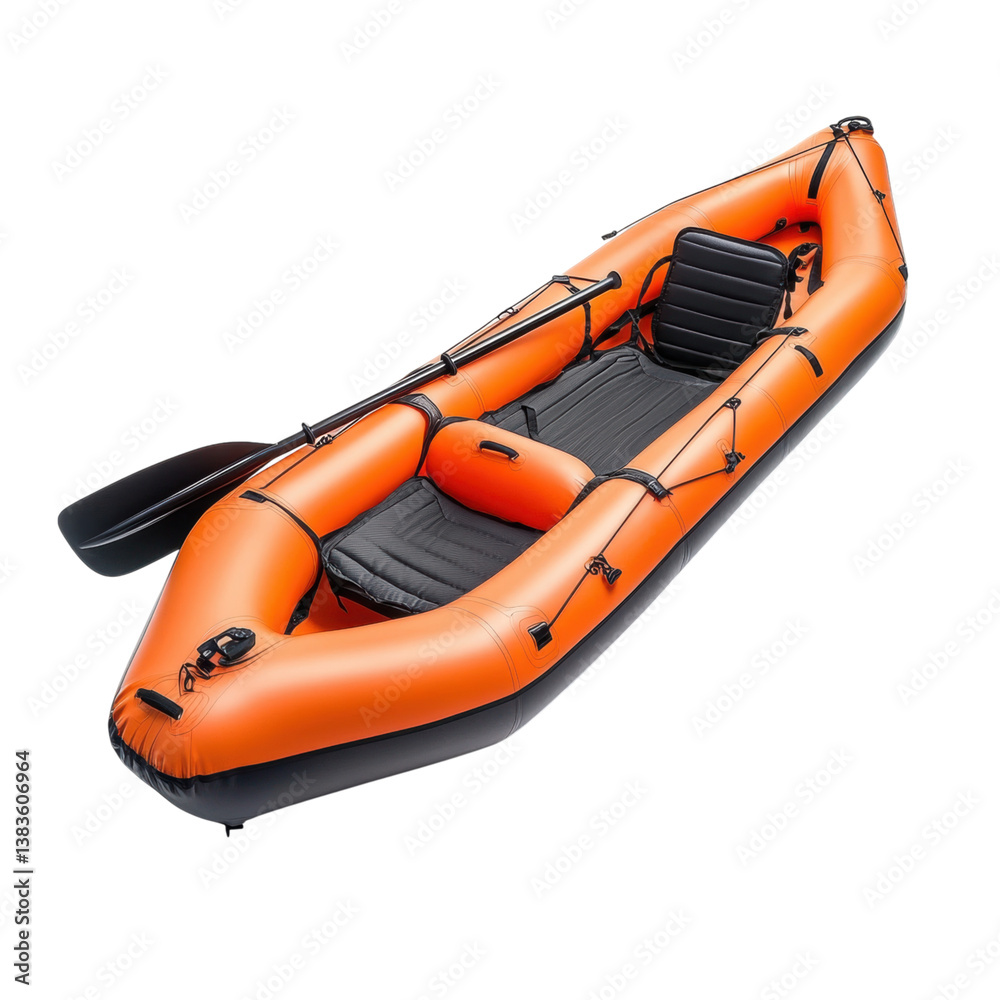 Naklejka premium Inflatable Orange Kayak with Black Accents on Isolated Background
