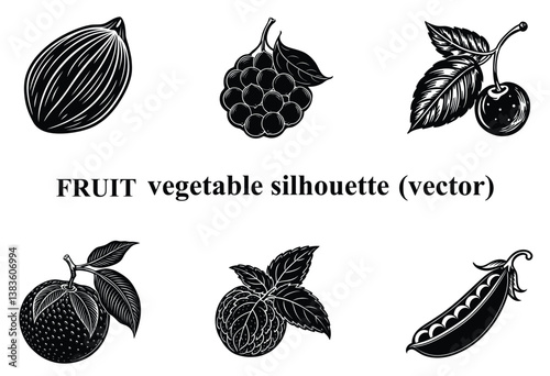 Fruit Silhouette Vector Set, Black Fruit Silhouettes Collection, Minimal Fruit Silhouettes – Editable Vector Design.
