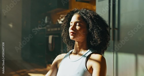 Yoga, meditation and woman with breathing in home for holistic wellness, mindfulness and awareness. Calm, african person and zen in apartment for spiritual healing, stress relief and align chakra
