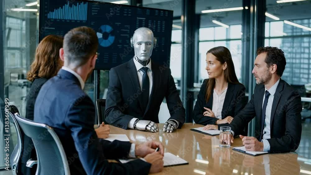 Robot humanoïde en costume discutant avec une équipe de cadres pendant une réunion dans une salle de conférence moderne, concept d’IA dans le monde de l’entreprise