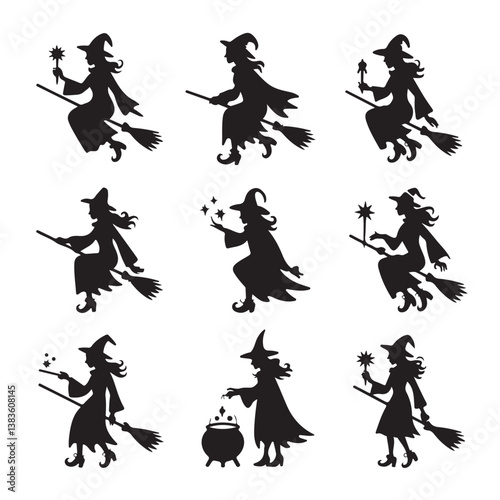  Set of Witch Silhouettes in Various Magical Poses with Broomsticks, Cauldrons, and Crystal Balls – Halloween Witchcraft Vector Icons for Spooky Design Themes