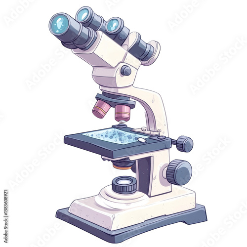 Detailed Cartoon Microscope with Blue Lenses and Stage Plate