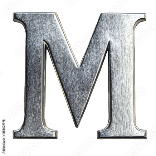  Metal letter M with brushed steel texture and beveled edges on transparent background