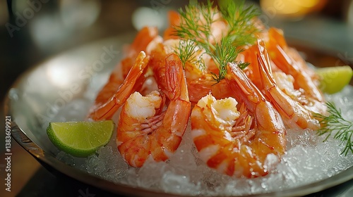 Wallpaper Mural  Fresh shrimp in metal tray on crushed ice, tails fanned in spiral, lime wedges and dill enhance ocean-fresh flavor and glistening texture Torontodigital.ca