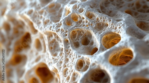  Osteoporosis magnified—bone shows extreme porosity with thin trabeculae and gaps where structure fails, representing critical bone loss photo
