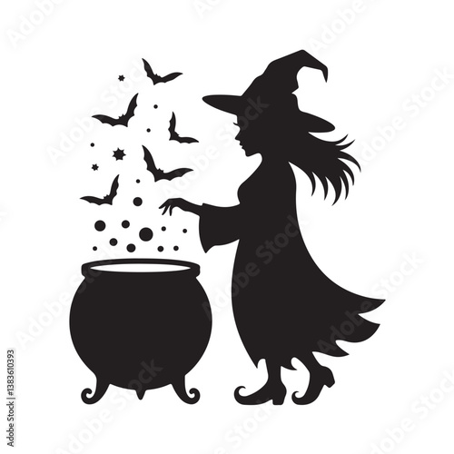  Silhouette of a Witch Brewing Magic Potion in Cauldron with Wand and Flying Bats – Halloween Fantasy Illustration of Female Sorceress Performing Spells