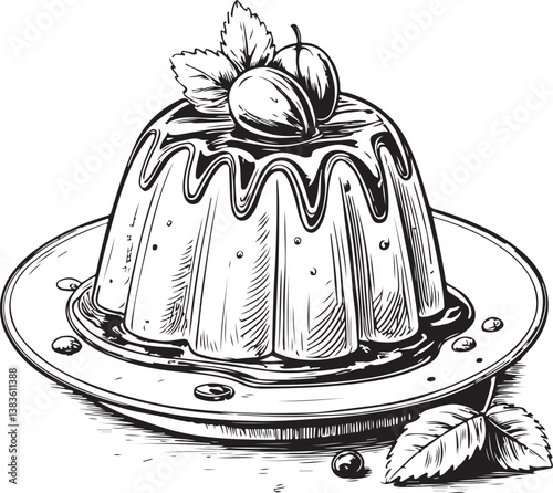 Jello Jelly Black and White Vector Illustration, Sketch Drawing Line Linear Engraving, Hand-drawn Isolated
