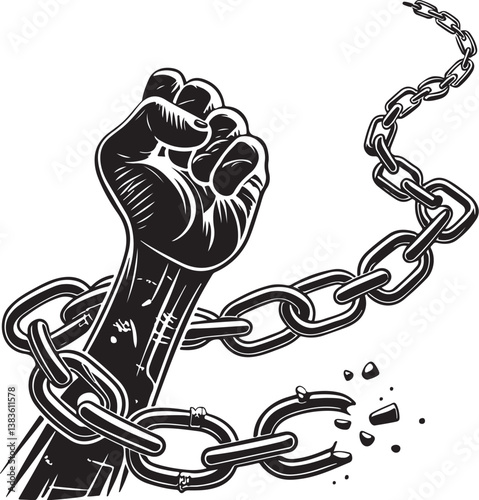 Chain Slavery Slave in Chains Black and White Vector Illustration, Sketch Drawing Line Linear Engraving, Hand-drawn Isolated