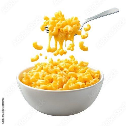 Classic american cheesy Macaroni mac and cheese, many angles view side top bowl spoon fork dropping splash flying isolated on transparent cutout, PNG file..png