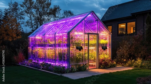  Eco greenhouse made of bottles glows purple at dusk, energy-efficient lighting and solar sensors support plant growth in peaceful setting photo