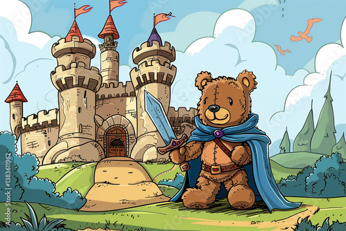 A teddy bear dressed as a knight, standing in front of a castle.