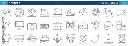 A set of line icons related to Devices. Device, console, electrical, appliances, headphones, storage, computing, and so on. Vector editable stroke.