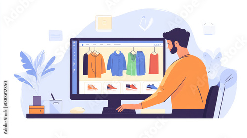Handsome Caucasian Specialist Using Desktop Computer with Clothing Online Web Store to Choose and Buy Clothes from New Collection. Happy Man Browsing Over the Internet at Home Living Room.