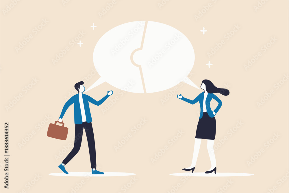 Communicate solution to solve problem, agreement, teamwork or cooperation, conversation message, meeting or discussion concept, business people communicate with connected jigsaw puzzle speech bubble. Communicate solution to solve problem, agreement, teamwork or cooperation, conversation message, meeting or discussion concept, business people communicate with connected jigsaw puzzle speech bubble.