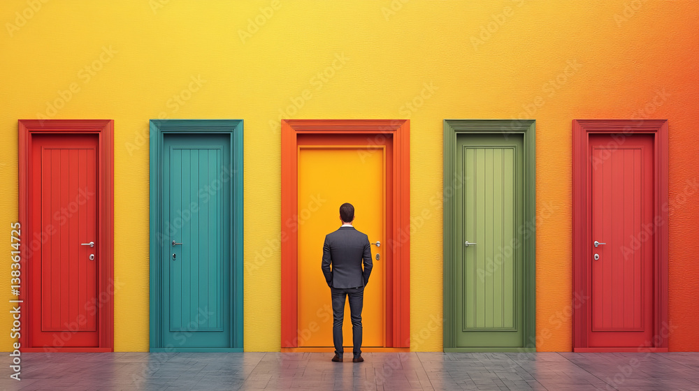 Fototapeta premium Man opening dull door after passing through colourful doors