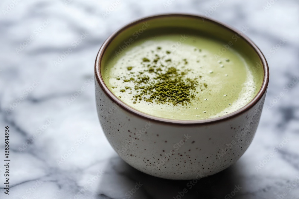 Close up of a cup of matcha tea with green powder on top on a marble surface in soft lighting Close up of a cup of matcha tea with green powder on top on a marble surface in soft lighting